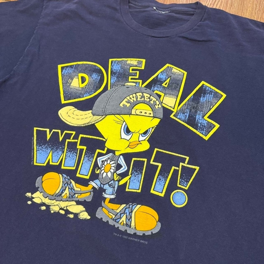 Looney Tunes Men's Shirt Vintage Tweety 90s Deal With It Blue Size XL